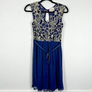 Moon Fit & Flare Floral Dress Lace Lined Sleeveless‎ Women's S Blue Cream Belted